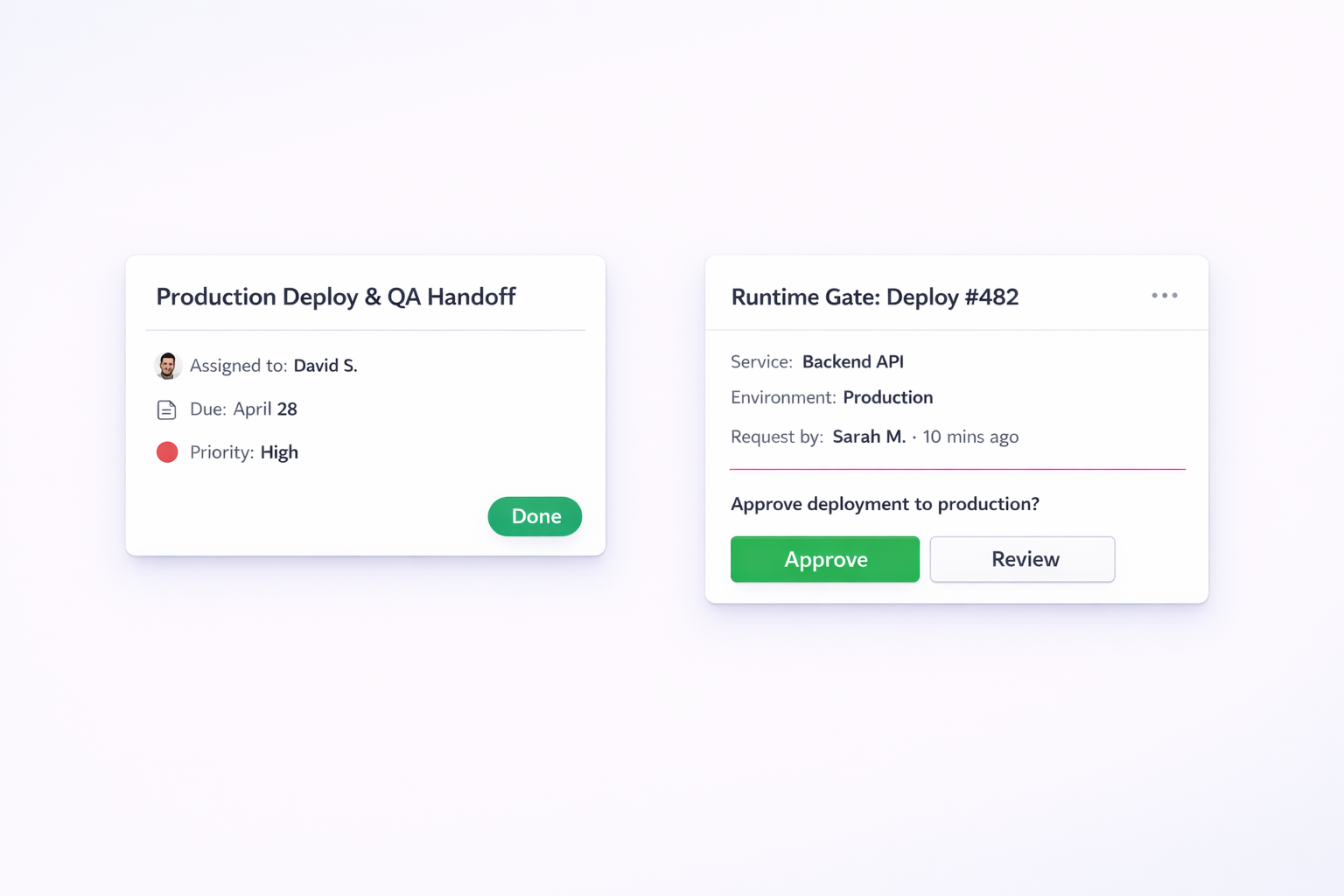 Minimalist light-mode UI mockup showing a Linear task moving to Done alongside a runtime deployment approval card